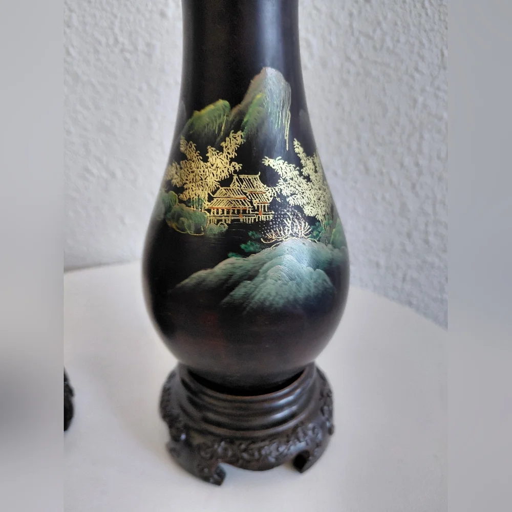 Antique Chinese Foochow Fuzhou Hand Painted Black Lacquered Wood 2 Vases.